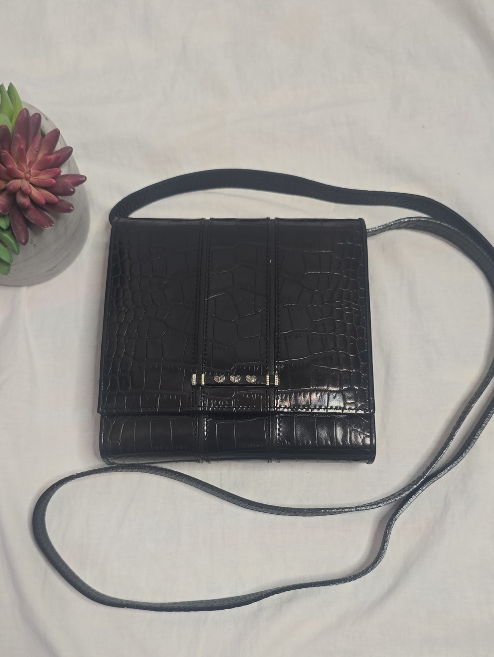Vintage Brighton Black Croc-Embossed Leather Slimline Crossbody Bag and Wallet